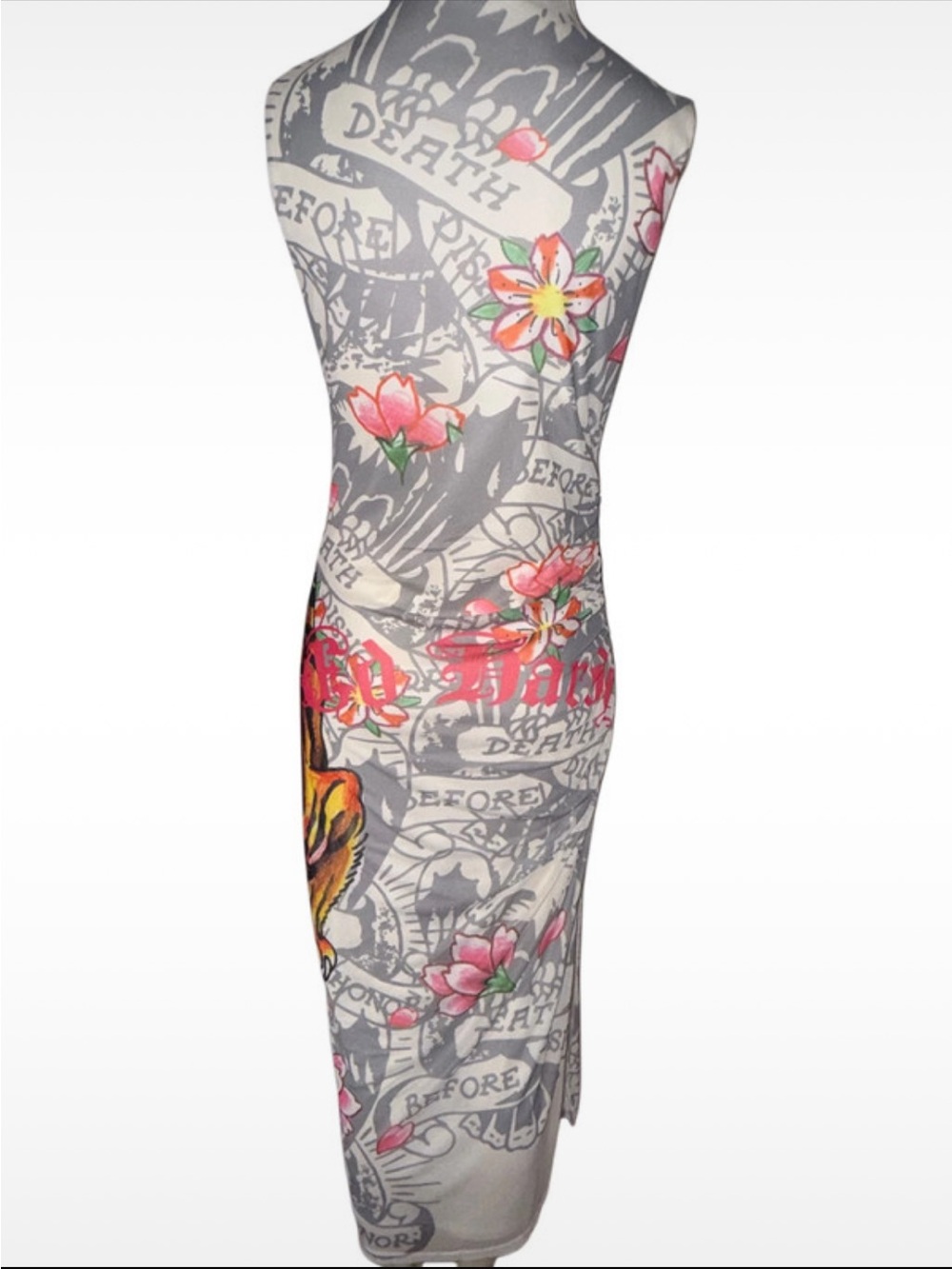 Ed Hardy Gray Pencil Dress with Pink Floral Tattoo Print